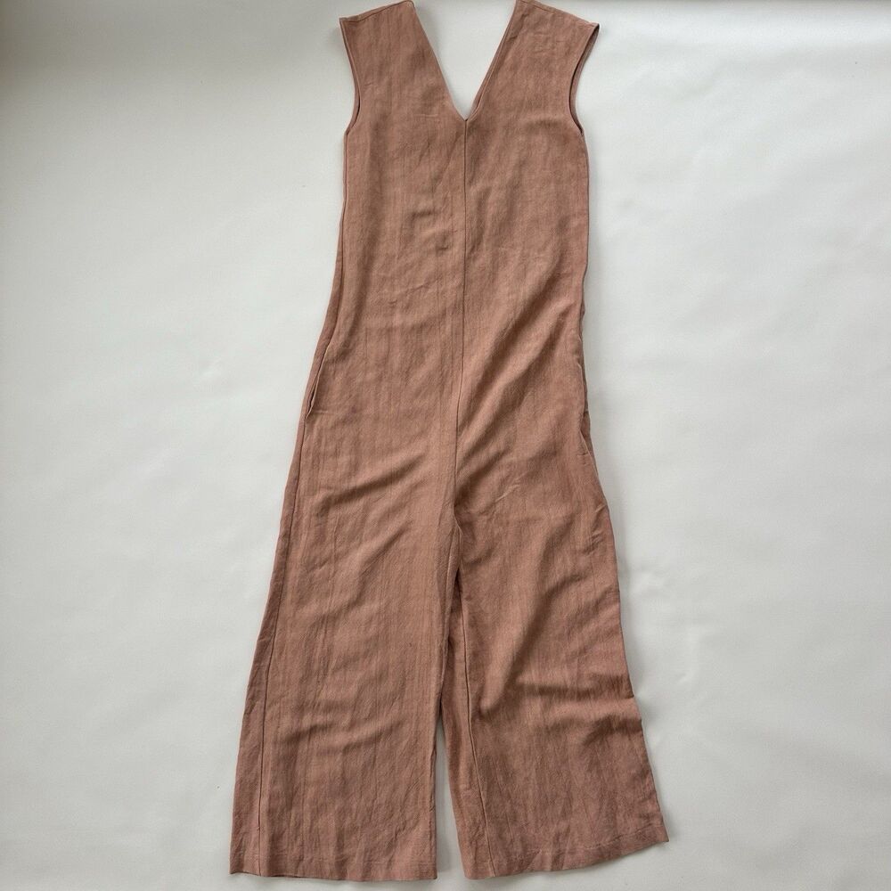 Gracemade Women's Linen V Neck Jumpsuit Size XS Pockets Hidden Zipper Wide Leg